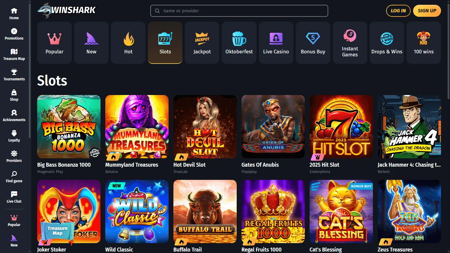 Winshark Casino desktop games lobby with casino categories