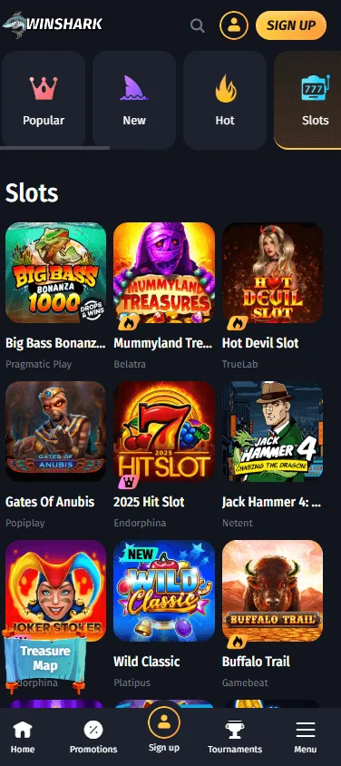 Winshark Casino mobile browser games lobby