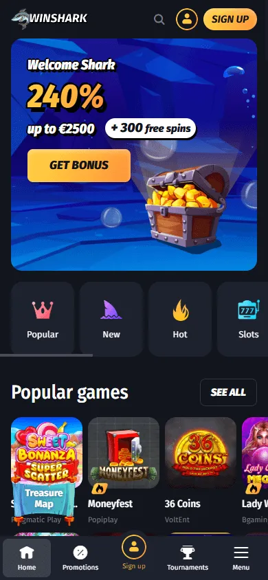 Winshark Casino mobile browser home on a smartphone
