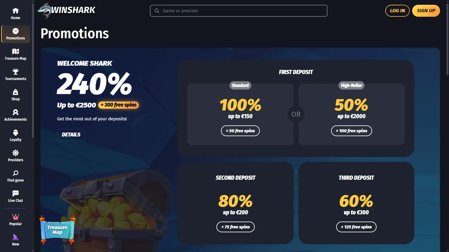 Winshark Casino desktop promotions area with available offers