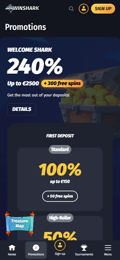 Winshark Casino mobile browser promotions area