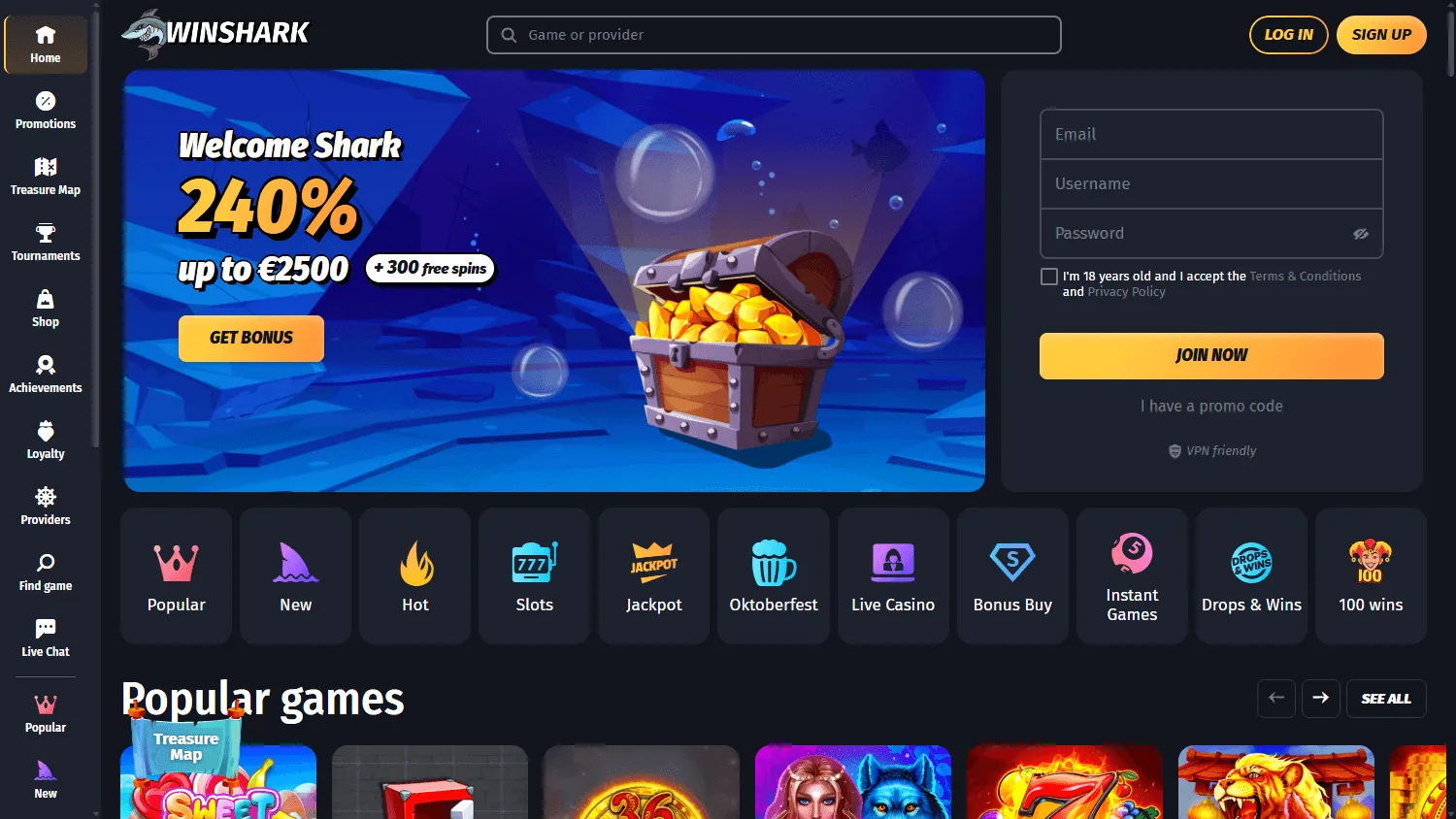 Winshark Casino desktop home with casino offer and navigation